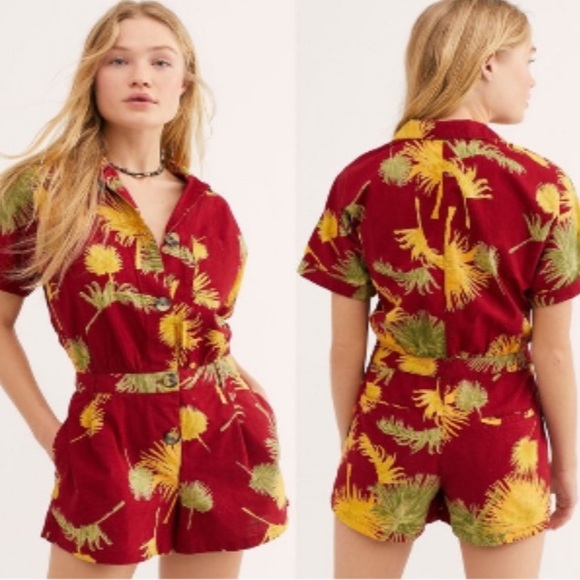 Free people Hawaiian print shorts romper button - Picture 1 of 8